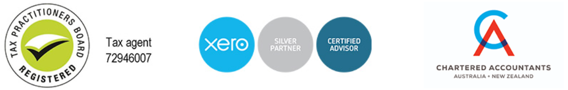 Tax Practitioners Board Registered Logo, Xero logo and Chartered Accountant logos